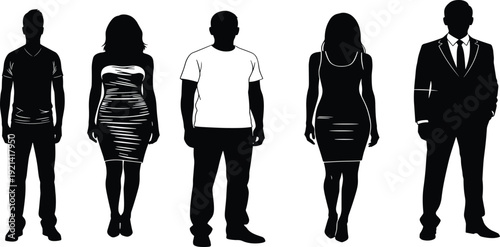 Collection, of, black, silhouettes, featuring, diverse, men, and, women, in, casual, formal, and, evening, wear, for, fashion, and, lifestyle, designs.