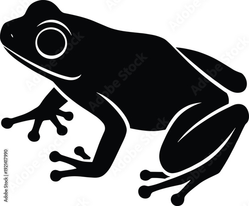 Black and white frog silhouette vector illustration, stylized tropical amphibian isolated on white background, pond animal icon for nature logo.