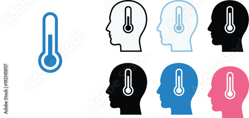 Human head temperature thermometer icon set, mental health and fever measurement concept isolated on white background vector illustration