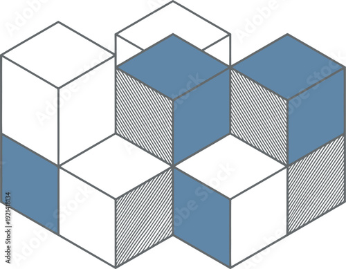 Abstract three dimensional isometric cube pattern featuring geometric shapes and architectural elements