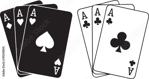 Set of playing card vector icons. Gambling game. Four card. Black outline icons.  2