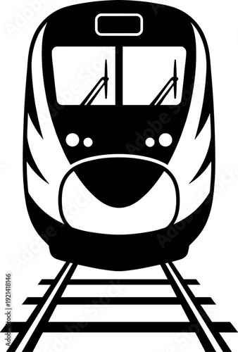 Black and White High Speed Train Front View Illustration on Tracks Isolated Vector for Transport Logistics Railway Infrastructure Travel and Modern Commuting Journey
