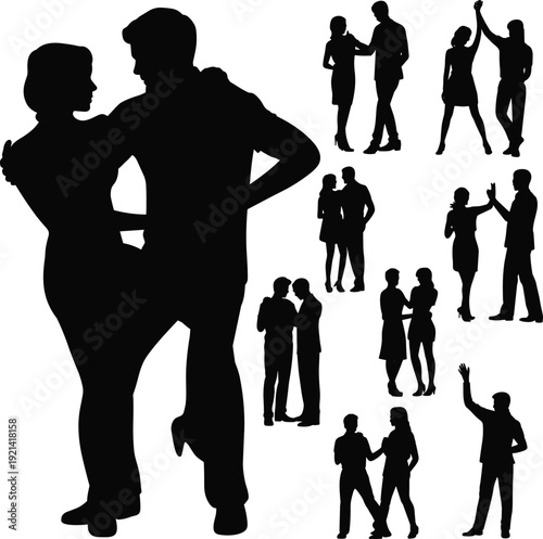 Couple silhouettes, romantic dance poses, partners interaction shadows, elegant man and woman figures, relationship concepts
