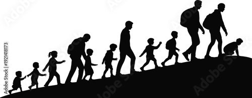 Human life progression silhouette illustration, aging stages vector, childhood to elderly concept, timeline of development art, passage of time design