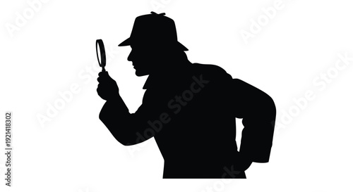 A detective examines evidence with a magnifying glass a striking silhouette