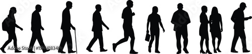 Collection of black silhouettes featuring people walking running and commuting including students elderly and professionals for urban street scene designs.