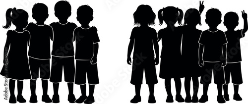 Black silhouette vector illustration set of active children jumping, stretching, and exercising with arms raised isolated on white background for fitness design.