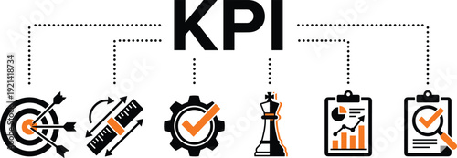 KPI key performance indicator concept icons set with target measurement strategy analysis and business performance tracking illustration