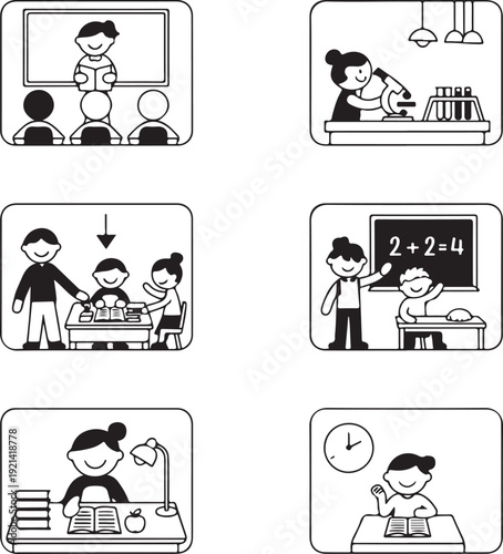 Set of school and education pictograms and icons. School days. Teacher and pupils in classroom.