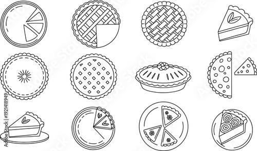 Various pie and cake illustrations with slices on plates and baking dishes on white background