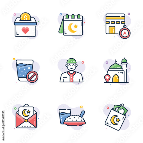 A handy set of Ramadan and Eid icons, Muslim celebration, holy month.