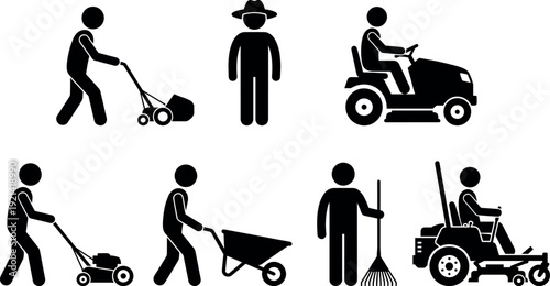 Black stick figure silhouettes of gardeners using lawn mowers wheelbarrows and rakes for professional landscaping and backyard garden maintenance work isolated on white