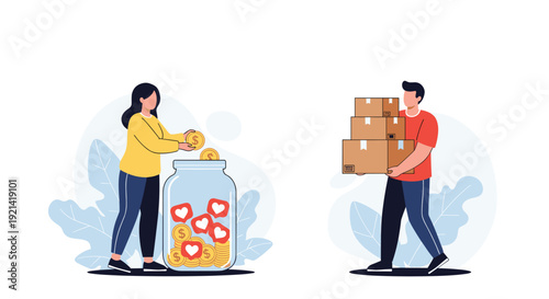 Woman donates coins to a large charity jar while a man carries several boxes of supplies to support a community fundraising event.