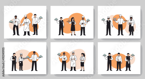 Collection of various professional restaurant staff members including chefs and waiters serving food and drinks on decorative cards.