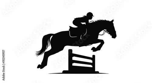 Equestrian rider and horse jumping over a fence silhouette