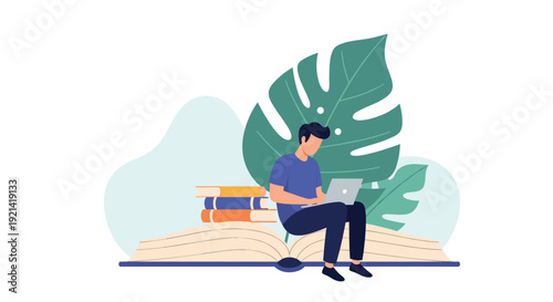 Young man sits on a massive open book while focusing on his laptop to represent online education and digital learning in a modern world.