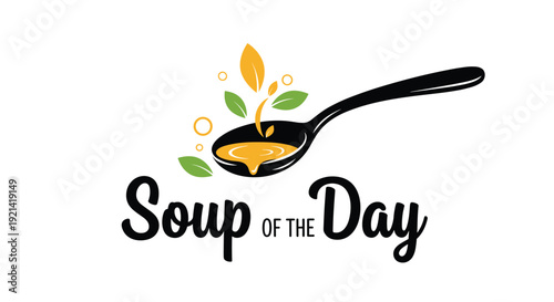 Creative logo for soup of the day features a black spoon filled with warm liquid and decorated with green and orange autumn leaves.
