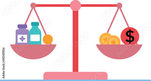 Medical cost and healthcare pricing comparison concept with medicine bottles and money balanced on scale illustration