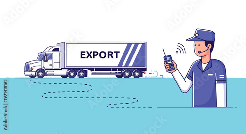 Logistics worker uses a walkie talkie to coordinate the transport of goods in a large cargo truck for international export and shipping.