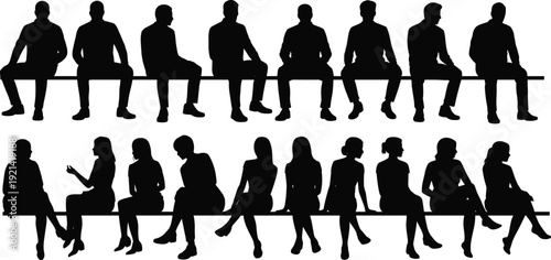 Men and women sitting silhouette collection, people seated on bench in different poses, isolated on white background vector illustration