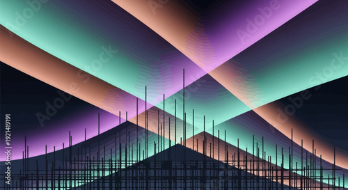 Vibrant abstract geometric pattern with neon purple teal and orange lights illuminating 3d grid structure