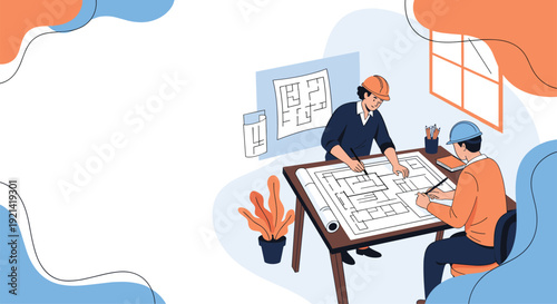 Two professional architects work together at a large drafting table to review blueprints and plan the design of a new building project.