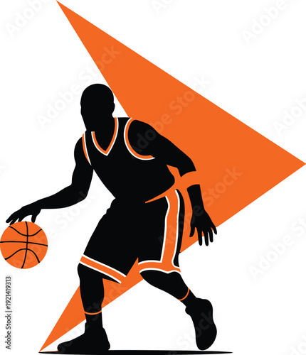 A basketball player in silhouette is dribbling the ball with athleticism and skill.
