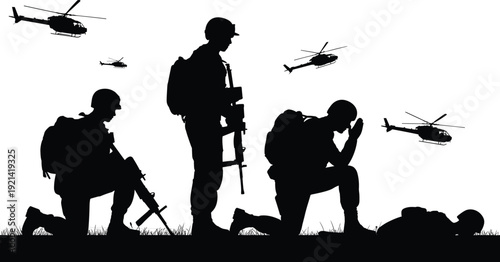 Military silhouettes with soldiers and helicopters, battlefield mourning, fallen comrade tribute, army reflection, war memorial, combat scene, solemn vector illustration