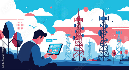 Man uses a digital tablet to monitor wireless data and network signals near several tall telecommunication towers in a futuristic landscape.