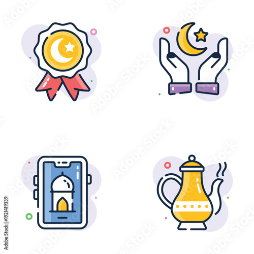 Trendy ramadan themed icons with moon, lantern, gift, and prayer symbols in flat design