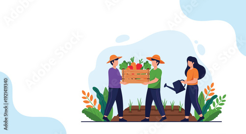 Group of farmers work together in a field to harvest fresh vegetables and water plants for a sustainable and healthy agricultural business.