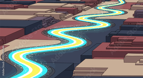 Glowing blue and yellow river flows through futuristic cityscape with modern buildings and urban landscape at dusk