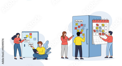 Creative professionals collaborate by organizing tasks and to-do lists on boards to improve productivity and manage complex projects efficiently.