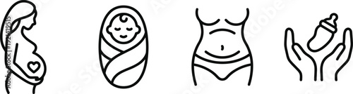 A comprehensive set of motherhood journey icons depicting pregnancy newborn care and postpartum recovery