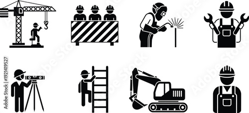 Set, of, black, construction, icons, showing, workers, with, tools, crane, excavator, welding, climbing, ladder, and, professional, building, site, industrial, equipment.