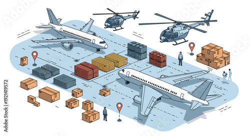 Busy airport cargo hub features airplanes, helicopters, and many shipping containers for efficient global logistics and distribution services.