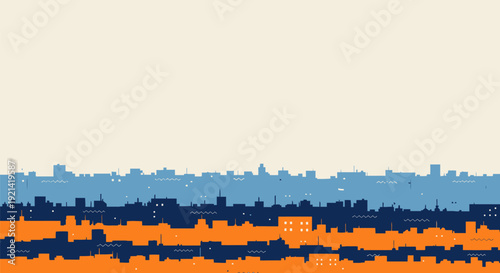 Cityscape silhouette at sunset with orange blue and cream colors urban landscape
