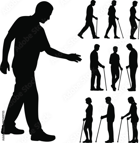 Elderly people walking with cane silhouettes, senior mobility support concept, aging population healthcare assistance and rehabilitation therapy illustration
