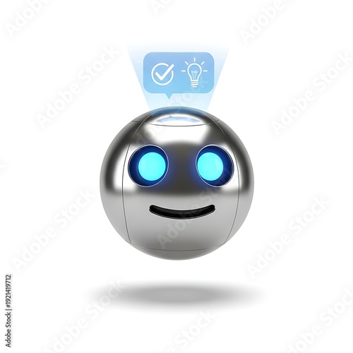 Silver spherical robot head with glowing blue eyes displays a holographic notification bubble showing a checkmark and a lightbulb.