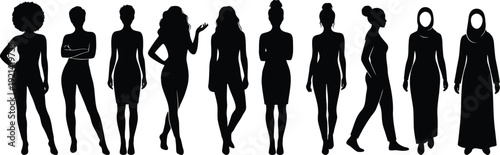 Diverse female silhouettes illustrating various body shapes hairstyles and attire for modern women