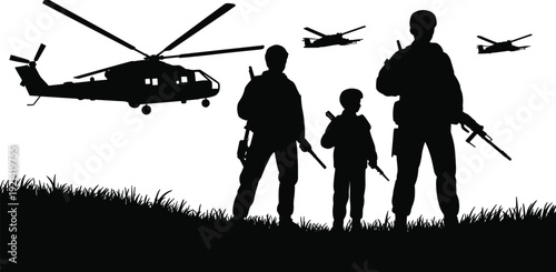 Military soldiers silhouette with helicopters in sky, armed forces patrol operation scene isolated on white background vector illustration