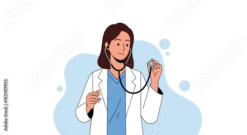Confident female healthcare professional in a white coat holding a stethoscope ready to perform a medical checkup on a patient.