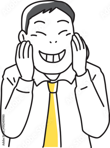 頬を手で上げて笑顔にする男性社員