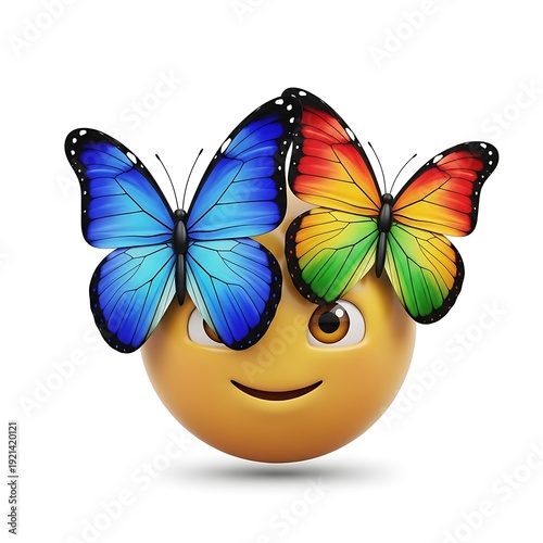 Emoji head wearing two colorful butterflies on its head symbolizes happiness, freedom, and lightheartedness, set against a clean white background.