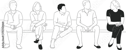 People sitting on bench line art illustration, diverse men and women seated poses isolated on white background
