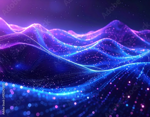 Abstract digital landscape featuring vibrant blue and purple data waves composed of sparkling particles, creating a futuristic technology background.
