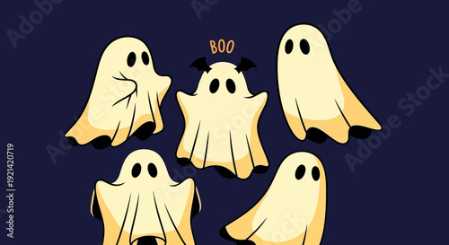 Cute Cartoon Ghosts with Bat Wings and 'Boo' Text for Halloween Celebration