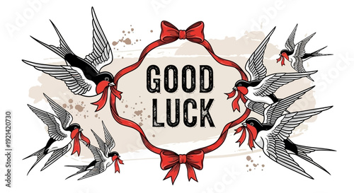Good Luck Swallows Flying with Red Ribbons and Bows Illustration