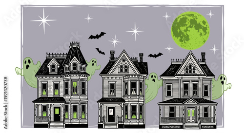 Spooky Halloween Night with Haunted Houses, Ghosts, Bats, and a Full Moon