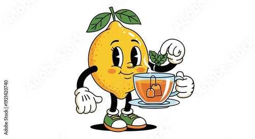 Retro Cartoon Lemon Character Holding a Cup of Tea with Mint Leaves